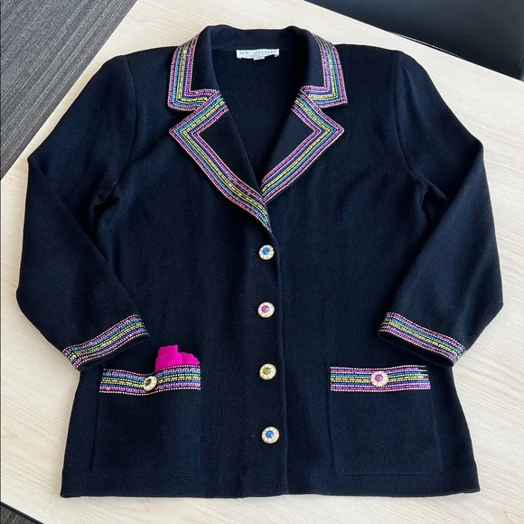 St. John by Marie Gray black colorful v neck knit blazer sequins embellishments - Picture 1 of 13